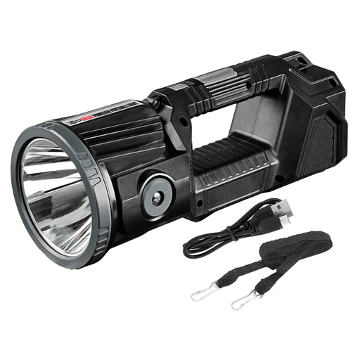 Esta linterna LED es una herramienta potente y versátil, ideal para actividades al aire libre como camping, pesca nocturna o emergencias. Fabricada con materiales resistentes como ABS y aluminio, incorpora una lámpara P50 de alta intensidad con una vida útil de hasta 100.000 horas. Su cabezal ajustable de 90° permite dirigir la luz con precisión, alcanzando hasta 1000 metros. Con batería recargable, ofrece hasta 5 horas de autonomía y se carga por USB tipo C o panel solar de 5V. Cuenta con 4 modos de iluminación y resistencia al agua IPX6, perfecta incluso en condiciones climáticas extremas.