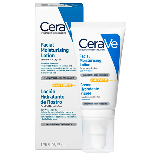 Loción Hidratante Facial AM CeraVe con FPS30, hidrata, ayuda a restaurar la barrera protectora de la piel y protege contra rayos UVA y UBV. Especialmente formulada para la piel sensible normal a seca y expuesta a los rayos UV.
