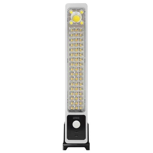 Luz LED recargable de alto rendimiento ideal para uso en el hogar, taller o actividades al aire libre, con una potencia de 45W y 51 + 5 LEDs que brindan una iluminación potente y versátil gracias a sus 6 modos de luz. Cuenta con batería de litio de 2400mAh recargable mediante energía eléctrica o panel solar, ofreciendo gran autonomía y practicidad en cualquier situación. Incorpora indicador de carga, botón ON/OFF y puertos USB y USB-C. Su diseño funcional incluye manija deslizable para fácil transporte, base desmontable para mayor estabilidad y un formato compacto. Incluye cable USB-C y se recomienda realizar una carga cada 3 meses si no está en uso para preservar la vida útil de la batería.