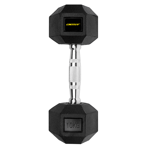 Disfrutá de una rutina de ejercicios completa y en la tranquilidad de tu hogar con esta mancuerna hexagonal de 10Kg Best. Su diseño de alta calidad está realizado en hierro fundido recubierto por goma. Los extremos hexagonales impiden que rueden por el piso.