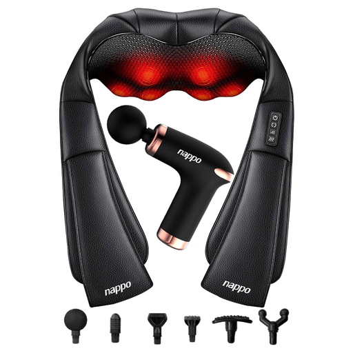 El Combo de Masajeadores NAPPO es tu solución ideal para aliviar la tensión y el dolor en tu cuerpo. Con el Masajeador Eléctrico Shiatsu, podrás relajarte y calmar el dolor en tu cuello, hombros, espalda, cintura, región lumbar y cadera. Sus 2 cabezales ergonómicos con 8 rodillos giratorios y bidireccionales son capaces de reducir la tensión muscular y mejorar la circulación sanguínea. Por otro lado, la Pistola de Masajes cuenta con 6 cabezales intercambiables y batería recargable, ideal para tratar dolores musculares y promover la circulación sanguínea y linfática ya que utiliza un innovador método de ondas TENS para distender y relajar el cuello de forma efectiva. 