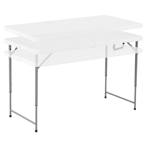 Esta mesa plegable con base de acero y altura ajustable es perfecta para utilizar en cualquier espacio, ya sea en interior o exterior. Fabricada en polietileno de alta densidad con una robusta base de acero, asegura resistencia y durabilidad. Sus tres opciones de ajuste de altura te permiten adaptarla según tus necesidades con un máximo de 70cm. Además, su práctica manija y diseño portátil te permiten llevarla cómodamente vayas donde vayas.