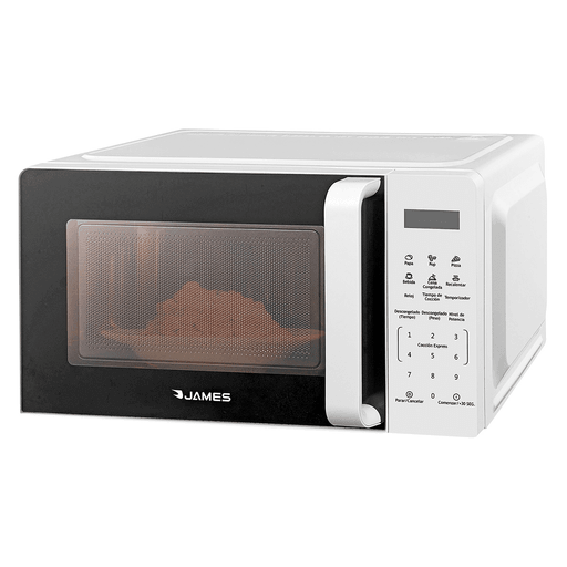 El microondas James de 18L ofrece un rendimiento práctico y eficiente gracias a sus 700W de potencia y 6 programas preestablecidos, gestionados mediante un control digital con timer, reloj y menú automático. Su interior esmaltado, equipado con luz y un plato giratorio de 24,5 cm, asegura una cocción uniforme, mientras que las funciones de descongelado por peso y tiempo y el bloqueo para niños brindan mayor comodidad y seguridad en el uso diario.