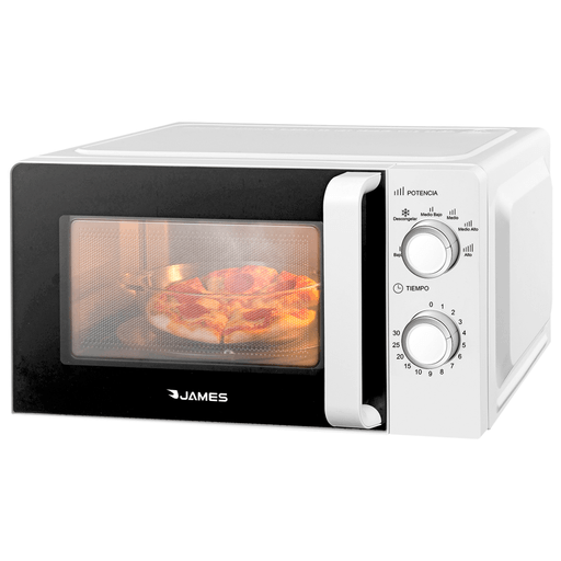 Este microondas James de 18L ofrece un uso práctico y eficiente para las tareas diarias en la cocina, con una potencia de 700W que garantiza un buen rendimiento en cada preparación. Dispone de 5 niveles de potencia para ajustar el calor según la necesidad, además de timer, función de descongelado por tiempo y luz interior que permite supervisar fácilmente los alimentos. Una opción funcional y fácil de usar para el día a día.
