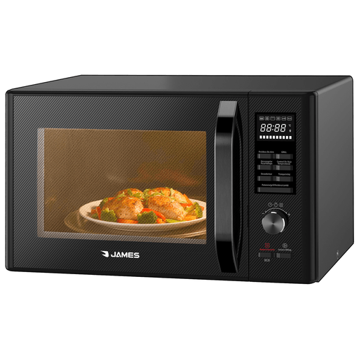 Este microondas 2 en 1 James une la practicidad de un microondas tradicional con la versatilidad de una freidora de aire, incorporando un sistema Air Fryer que permite cocinar de forma más rápida y saludable. Ofrece 900W de potencia en modo microondas y 2500W en función freidora, junto a una capacidad de 28L, 5 niveles de potencia, 10 programas automáticos y un grill combinado de 1100W para dorar y gratinar con excelentes resultados. Ideal para quienes buscan múltiples funciones en un solo equipo.