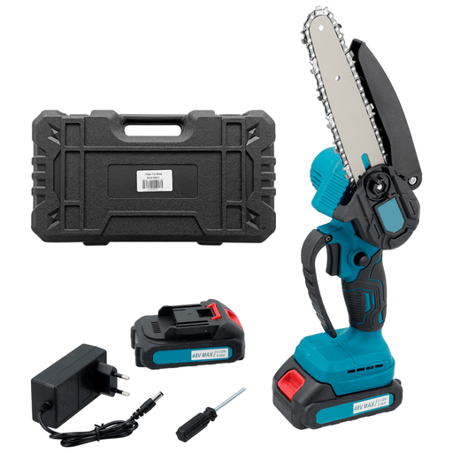 La motosierra de mano es la herramienta ideal para trabajos de poda y jardinería, combinando potencia, practicidad y seguridad en un diseño compacto. Equipada con batería de 48V de iones de litio, ofrece un rendimiento eficiente y libertad de uso sin cables, permitiendo realizar cortes de forma rápida y cómoda. Fabricada con materiales resistentes como ABS y metal, garantiza durabilidad y un uso confiable en el tiempo. Su diseño ergonómico facilita el agarre y el control, reduciendo la fatiga durante el trabajo, mientras que su sistema de velocidad ajustable se adapta a diferentes tipos de corte.