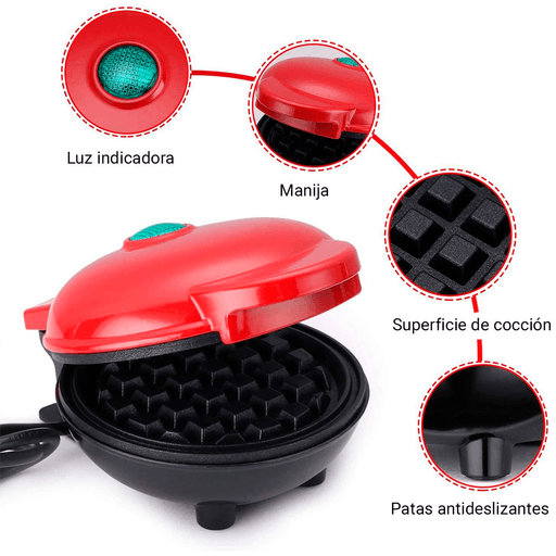 Con esta mini wafflera pepará waffles de forma rápida y sencilla. Es un gran complemento en tu cocina para tu día a día, ya que en solo minutos vas a poder disfrutar de los mejores desayunos sin miedo a que tu preparación se pegue ya que posee superficies antiadherentes y patas antideslizantes que le otorgan estabilidad. Además, su diseño moderno y elegante en color rojo le añadirá un toque colorido a tu cocina.