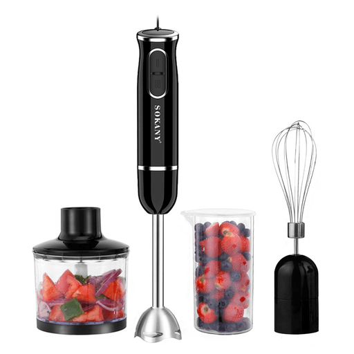 El Mixer Sokany 4 en 1 es el aliado perfecto en la cocina gracias a su potencia de 400W y 2 velocidades que te permiten preparar deliciosas recetas con facilidad. Está fabricado en acero inoxidable y tiene un diseño ergonómico que facilita su manejo. Además, cuenta con accesorios intercambiables que se adaptan a tus necesidades culinarias y gracias a su vaso medidor de 600ml podrás preparar batidos, salsas, purés y mucho más.