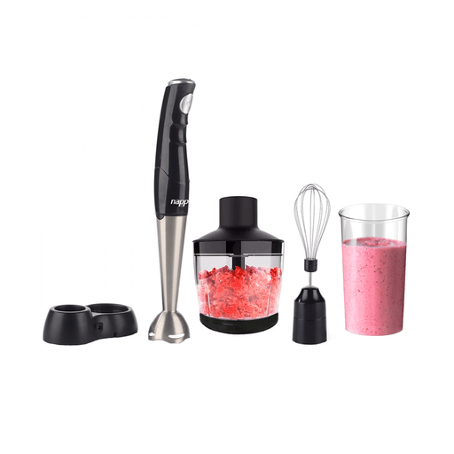 Este Mixer de mano NAPPO NEM-151 es ideal para mezclar líquidos como productos lácteos, salsas, jugos, smoothies, sopas, bebidas y batidos. Además, puede mezclar ingredientes blandos, hacer puré de ingredientes cocidos, preparar comida para bebés, picar ingredientes, batir, montar nata, claras de huevo, postres, entre otros. Con su diseño práctico y ergonómico, este Mixer cuenta con un cuerpo de acero inoxidable y una potencia de 100W. Incluye accesorios intercambiables como un batidor, picadora de 0,5L, vaso transparente de 0,6L con tapa, base de carga y cable de carga. Este Mixer te ayudará en la cocina para que puedas disfrutar de una gran variedad de preparaciones deliciosas de manera rápida y fácil.