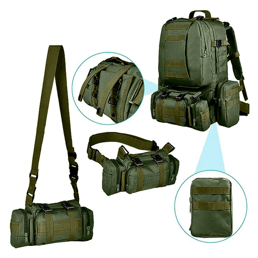 Descubrí la mochila táctica multifuncional 4 en 1, diseñada para acompañarte en todas tus aventuras al aire libre. Con una capacidad de 60 litros, está confeccionada con tela Oxford 600D y nylon de alta resistencia, combinando broches de polímero duraderos, correas ajustables y un sistema Molle integrado para máxima versatilidad. Su diseño incluye dos bolsillos principales grandes con forro interno, un bolsillo delantero desmontable que puede usarse como morral, y dos bolsillos laterales desmontables, permitiéndote adaptar la mochila según la exigencia de cada actividad. Además, es resistente al agua, lo que la hace ideal para camping, ciclismo, senderismo, viajes, deportes, escalada o actividades de camuflaje en todo tipo de terreno.