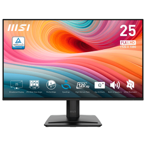 El monitor MSI de 25” Full HD combina rendimiento, comodidad y diseño moderno para ofrecer una experiencia ideal tanto para trabajo como para entretenimiento y gaming. Su panel IPS con frecuencia de actualización de 120Hz y tiempo de respuesta de 1ms brinda imágenes más fluidas, precisas y nítidas, mientras que la tecnología Adaptive-Sync mejora la estabilidad visual durante juegos y contenido dinámico. Además, incorpora cobertura de color ampliada para imágenes más vibrantes, diseño PerfectEdge con biseles ultradelgados ideal para configuraciones multimonitor, altavoces integrados y múltiples opciones de conectividad. Gracias a la tecnología MSI EyesErgo con reducción de luz azul, Anti-Flicker y herramientas de cuidado visual, ofrece mayor comodidad y bienestar durante largas jornadas de uso.
