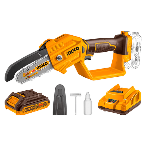 La mini motosierra INGCO de 20V combina potencia, practicidad y libertad de movimiento para realizar tareas de poda, corte de ramas y trabajos de jardinería con mayor comodidad. Su diseño inalámbrico permite trabajar sin cables ni restricciones, mientras que la barra de 5