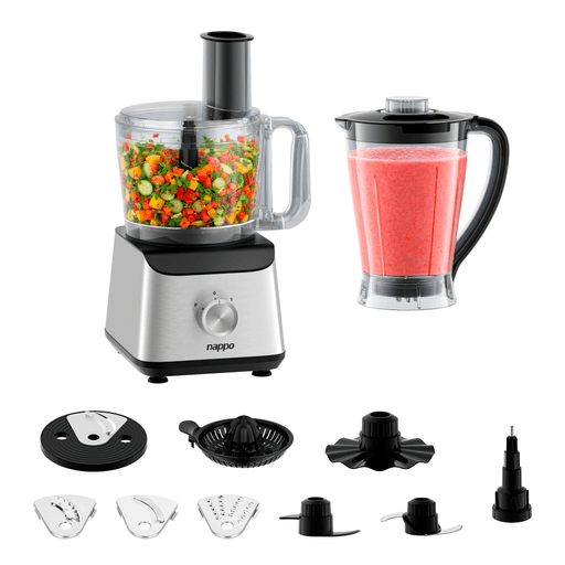 La Multiprocesadora NAPPO 12 en 1 es la aliada ideal para tu cocina, ya que permite procesar, cortar, picar, triturar, amasar, licuar y mucho más en un solo equipo. Cuenta con un potente motor de 1500W que alcanza hasta 20000RPM, dos velocidades más función pulso y cuchillas de acero inoxidable para resultados rápidos y precisos. Su cuerpo de acero inoxidable combina resistencia, durabilidad y un diseño moderno, ideal para simplificar cualquier preparación diaria. 