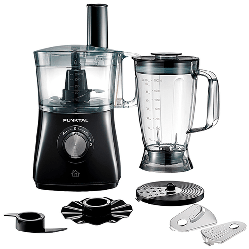 Con esta multiprocesadora 8 en 1 Punktal y 2 velocidades + pulse vas a poder tritura, desmiga, raya, mezcla, corta, exprime, licua, rebana, bate y amasa. Con 800W de potencia, 1.5L en procesador y una jarra de 1.8L obtendrás alimentos procesados de forma rápida, sencilla y efectiva. Además, incluye discos cortadores en acero inoxidable y vaso licuador.