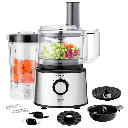 La multiprocesadora Punktal 8 en 1 es la aliada perfecta para simplificar tus tareas en la cocina. Con una potente potencia de 900W y una capacidad de 1,5L tanto en el procesador como en la jarra, es ideal para preparar todo tipo de recetas. Cuenta con dos niveles de velocidad más función Pulse para un control preciso según cada necesidad. Incluye una amplia variedad de accesorios: vaso licuador, cuchillas para rebanar, rallar y freír, cuchilla doble en S, cuchilla plástica para amasar y disco emulsionante. Además, incorpora función exprimidor de cítricos y un sistema de doble protección de seguridad, para cocinar con total tranquilidad y eficiencia.