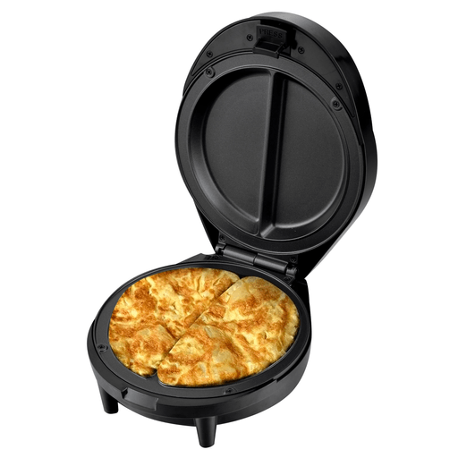 Esta omeletera eléctrica NAPPO con 1000W de potencia y 2 divisiones te permite hacer ricos y fáciles omelettes, también tortillas, panqueques, quesadillas, crepes, empanadas, calzones, burritos, panes, papas suizas, pizza y mucho más. Gracias a sus placas antiadherentes no tendrás que utilizar aceite ya que evitan que tu comida se pegue, facilitando su limpieza. Tiene pies antideslizantes, almacenamiento de cable y mango Cool-Touch que es frío al tacto y seguro de usar mientras que cocinás.