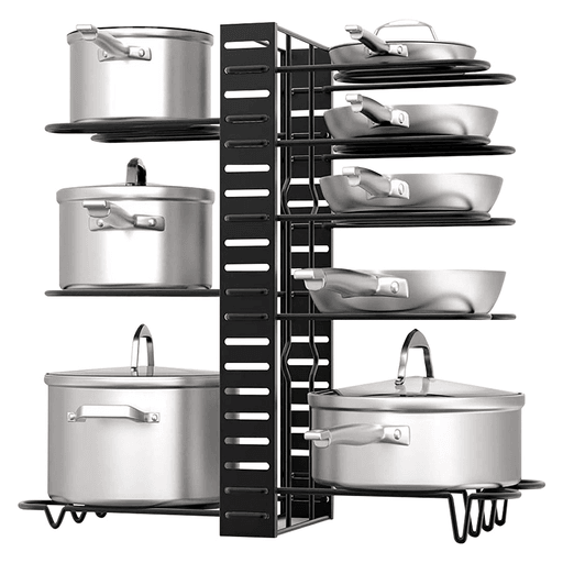 Este Organizador de Ollas y Sartenes es el aliado perfecto para mantener tu cocina ordenada y tus utensilios de cocina siempre a mano. Con 3 modos de uso disponibles, podés elegir entre estantes verticales, estantes horizontales en un lado o planos en dos lados para adaptarlo a tus necesidades. Su diseño triangular sólido le brinda una mayor estabilidad y reduce las probabilidades de que se caiga, mientras que su especial ranura en forma de U te permite organizar las tapas. Además, cuenta con 8 niveles ajustables para que puedas organizar tus utensilios de manera óptima.