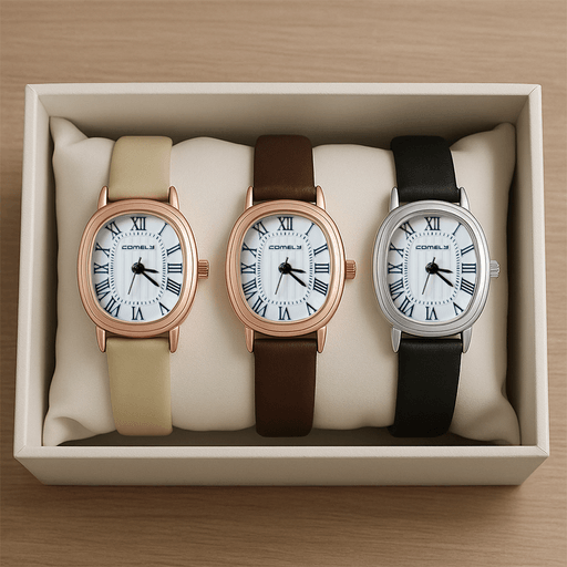 Descubrí este elegante pack de relojes de pulsera para dama con un encantador estilo casual y esfera ovalada simple, ideales para sumar un toque clásico a tu look diario. Cada reloj cuenta con una correa de cuero PU suave y resistente, con cierre de hebilla metálica para mayor comodidad y ajuste personalizado. Equipados con mecanismo de cuarzo, garantizan una medición de tiempo precisa y confiable, mientras que su diseño con números romanos y agujas definidas ofrece una lectura clara y distintiva. Compactos y versátiles, son perfectos para uso diario y una excelente opción de regalo para ocasiones especiales.