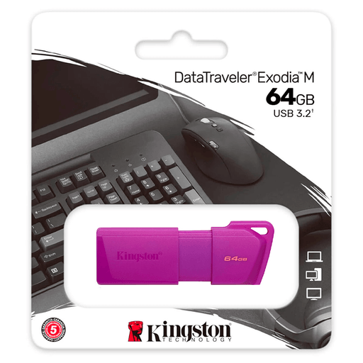 DataTraveler® Exodia™ M de Kingston es la solución de almacenamiento ideal. Es compatible con USB 3.2 Gen 1 para notebooks, equipos de sobremesa, monitores y otros dispositivos digitales. DT Exodia M permite rápidas transferencias y facilita el almacenamiento de documentos, música, vídeo y mucho más. Su práctico diseño la convierte en una solución ideal tanto en el trabajo como en el aula o en el hogar. 