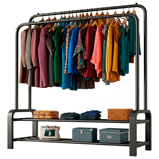 Mantené tu espacio ordenado con este perchero doble de diseño moderno y terminación mate, ideal para integrarse en cualquier ambiente. Sus barras brindan espacio suficiente para colgar ropa y accesorios, mientras que su estructura sólida asegura durabilidad en el uso diario. Además, cuenta con estantes inferiores que permiten organizar zapatos, cajas o textiles, optimizando el espacio y facilitando el acceso a todo lo que necesitás en dormitorios, entradas o espacios reducidos.
