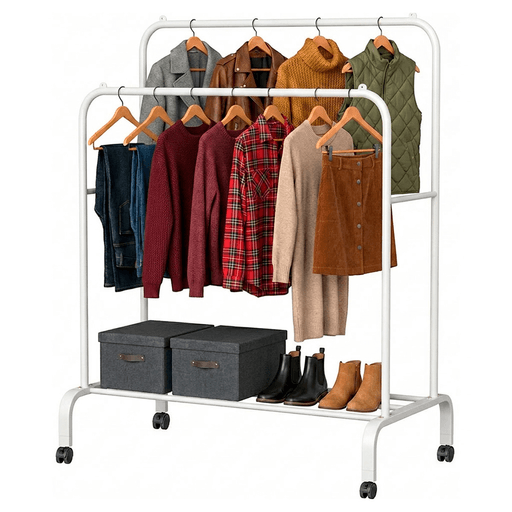Este perchero doble con estante para zapatos es una opción práctica y versátil para mantener la ropa y los accesorios siempre organizados. Su diseño con dos barras a diferentes alturas permite colgar desde abrigos y chaquetas hasta camisas, bolsos o prendas largas, mientras que los topes laterales ayudan a mantener las perchas en su lugar. Además, incorpora un estante inferior ideal para almacenar zapatos, cajas o textiles, optimizando mejor el espacio. Fabricado en metal resistente para mayor estabilidad y durabilidad, también cuenta con 4 ruedas que facilitan el traslado y movimiento del perchero de forma cómoda y práctica en cualquier ambiente del hogar.