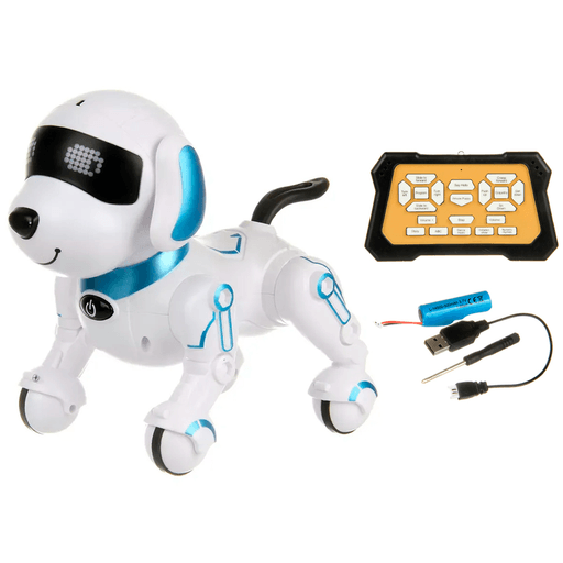 Este perro robot inteligente es el regalo perfecto para niños que aman la tecnología y la diversión. Con un diseño moderno, está fabricado en plástico de alta calidad que garantiza resistencia y durabilidad. Ofrece una amplia variedad de funciones entretenidas, como saludar, divertirse, pararse, sentarse, avanzar, retroceder, acostarse, bailar al ritmo de la música, ajustar el volumen y moverse en las cuatro direcciones. Además, cuenta con ojos luminosos, patas con terminaciones en forma de rueda y un práctico control remoto que te permite utilizarlo sin limites.