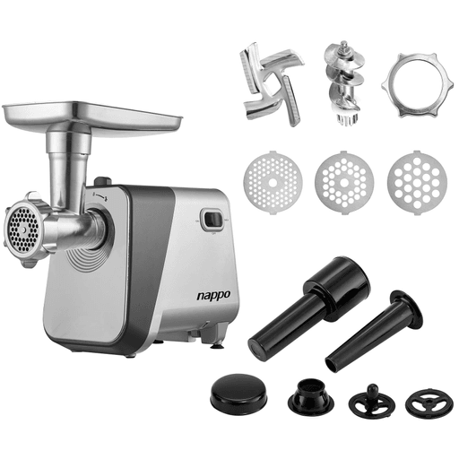 Con la Picadora NAPPO procesar la carne será una tarea que apenas te lleve tiempo ya que cuenta con un potente motor de 1400W de potencia. ¡Conseguirás resultados excelentes con gran rapidez! Incluye 3 accesorios de corte diferentes: uno grande para cortar carne en tiras, uno mediano que es adecuado para picar carne y uno de corte pequeño para corte en polvo, ideal para verduras y semillas.  Cuenta además con accesorios para preparar deliciosas salchichas y un empujador de alimentos que facilita aún más la tarea.