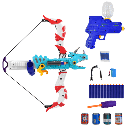 La Pistola con Arco 2 en 1 es un juguete interactivo y seguro, ideal para niños mayores de 3 años, que combina dos modos de juego en uno: una pistola para disparar balines de hidrogel y un arco para lanzar dardos de espuma de 6.5cm. Su diseño desmontable permite múltiples formas de interacción, mientras que el arco, con una divertida forma de dinosaurio y una cabeza móvil, estimula la imaginación infantil. Los balines de hidrogel deben remojarse por 30 minutos antes de usarse, y el juguete funciona con una batería recargable de litio de 7.4V, brindando diversión constante sin la necesidad de pilas desechables.