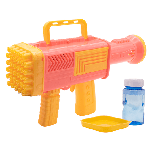 Esta pistola de burbujas tipo Bazooka es un divertido juguete que va a entretener a los niños por horas. Fabricada con plástico resistente, cuenta con 34 agujeros, lo que garantiza una gran cantidad de burbujas en cada disparo. Además, su mando de agarre facilita su uso y permite un manejo cómodo. Para utilizarla solo hay que colocar el líquido para burbujas en el recipiente incluido, sumergir la pistola de burbujas en él y apretar el gatillo para que comience la diversión.