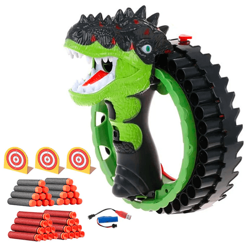 Esta innovadora pistola lanzadora de dardos posee un diseño original de brazalete con forma de dinosaurio que permite disparar los dardos desde la boca del mismo. Estos están fabricados con material suave de espuma y la mitad de ellos tienen ventosas en la punta para adherirse al objetivo deseado. Además cuenta con una capacidad de 34 compartimientos para poner las municiones que asegura una prolongada diversión.