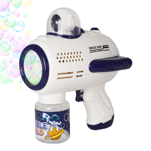 La pistola de burbujas en forma de nave espacial está equipada con un gatillo automático que libera burbujas a través de diez orificios giratorios, asegurando horas de diversión. Su funcionamiento es a pilas y cuenta con luz LED interna que se activa al presionar el gatillo, ofreciendo la posibilidad de disfrutarla en cualquier momento y lugar.