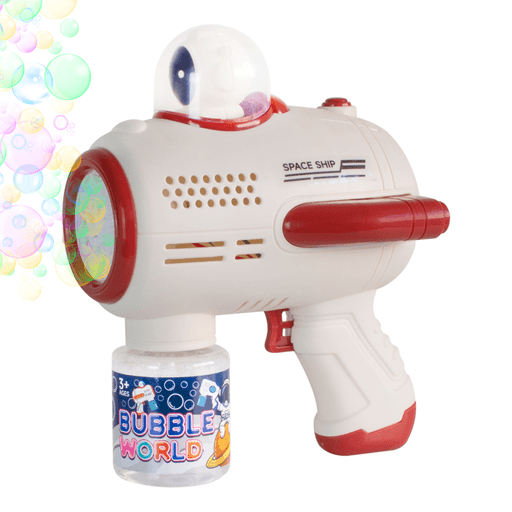 La pistola de burbujas en forma de nave espacial está equipada con un gatillo automático que libera burbujas a través de diez orificios giratorios, asegurando horas de diversión. Su funcionamiento es a pilas y cuenta con luz LED interna que se activa al presionar el gatillo, ofreciendo la posibilidad de disfrutarla en cualquier momento y lugar.