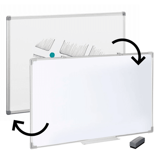 Pizarra blanca de doble cara de 60 x 90cm, diseñada para capturar y organizar tus ideas y proyectos de forma clara y efectiva. Su marco de aluminio con bordes reforzados garantiza una estructura resistente y duradera, ideal para el uso diario. La superficie laminada de alta calidad permite una escritura fluida y un borrado sencillo, asegurando un rendimiento óptimo. Además, incluye un práctico soporte para marcadores y borrador, y está preparada para ser instalada fácilmente en cualquier pared, brindando una solución versátil y funcional para cualquier espacio.