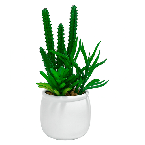 Esta planta artificial combina diferentes tipos de suculentas y cactus en una elegante maceta de cerámica blanca, creando una composición moderna y realista que aporta frescura a cualquier ambiente. Con detalles cuidadosamente diseñados en cada hoja y tallo, esta pieza decorativa es ideal para escritorios, estanterías, baños u oficinas. Al ser completamente artificial, no requiere riego ni mantenimiento, manteniéndose siempre verde y perfecta sin esfuerzo.