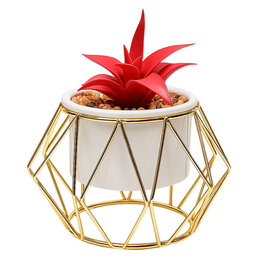 Esta planta artificial es una pieza decorativa que combina estilo moderno y practicidad en un solo diseño. Su suculenta de aspecto realista, elaborada en plástico de alta calidad, se presenta en una maceta de cerámica blanca con acabado liso, sostenida por un elegante soporte metálico dorado de estructura geométrica. Este contraste de materiales y formas aporta un aire contemporáneo y sofisticado a cualquier espacio. Ideal para decorar escritorios, estantes, baños, mesas auxiliares o rincones pequeños, esta planta es perfecta para quienes buscan renovar su hogar u oficina sin preocuparse por el mantenimiento.
