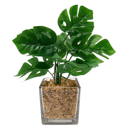 Esta planta artificial ofrece una apariencia natural gracias a su diseño detallado y hojas verdes de plástico de alta calidad que imitan a la perfección la vegetación real. No requiere riego ni cuidados especiales, lo que la convierte en una opción práctica y duradera para decorar oficinas, livings o cualquier rincón del hogar. Su maceta transparente con piedras decorativas aporta un toque distintivo, mientras que su estilo versátil se adapta fácilmente a diferentes tipos de decoración, añadiendo sencillez, elegancia y frescura a cualquier espacio.