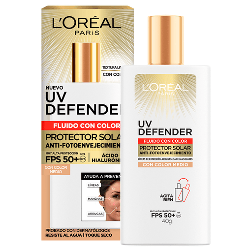 El nuevo UV Defender Fluido FPS50+ protege tu piel diariamente de los rayos UVB y UVA, evitando el cáncer de piel, y la aparición de manchas, arrugas y líneas de expresión. Su textura 11 veces más ligera lo hace apto para todo tipo de piel, incluso las pieles mixtas a grasas. Formulado con Ácido Hialurónico, activo antiedad que hidrata profundamente la piel, al rellenar líneas de expresión.