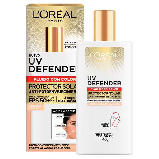 El nuevo UV Defender Fluido FPS50+ protege tu piel diariamente de los rayos UVB y UVA, evitando el cáncer de piel, y la aparición de manchas, arrugas y líneas de expresión. Su textura 11 veces más ligera lo hace apto para todo tipo de piel, incluso las pieles mixtas a grasas. Formulado con Ácido Hialurónico, activo antiedad que hidrata profundamente la piel, al rellenar líneas de expresión.