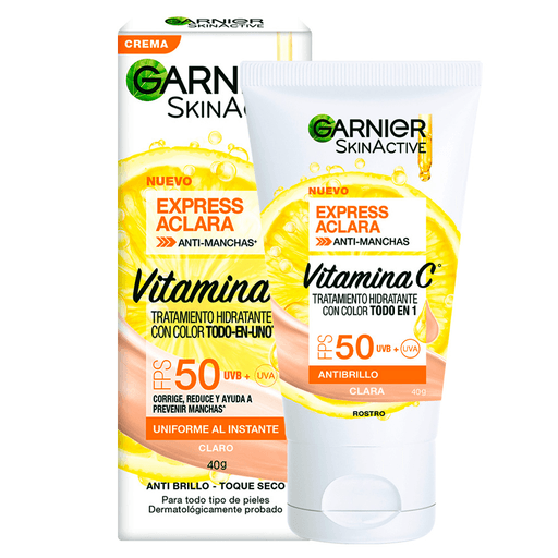 Garnier Hidratante Express Aclara corrige imperfecciones y reduce el aspecto de las mismas a la vez que unifica el tono de la piel. Su alto factor de protección solar (FPS 50) combate las manchas generadas por los rayos UVA/UVB.