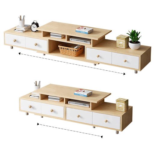 Te presentamos este moderno rack para completar tu sala de estar, ideal para ambientar el espacio de la tv. Está realizado en MDF 1,5 cm y cuenta con 4 cajones y múltiples estantes. Su diseño retráctil, permite separar o juntar los cajones, creando otros estantes.