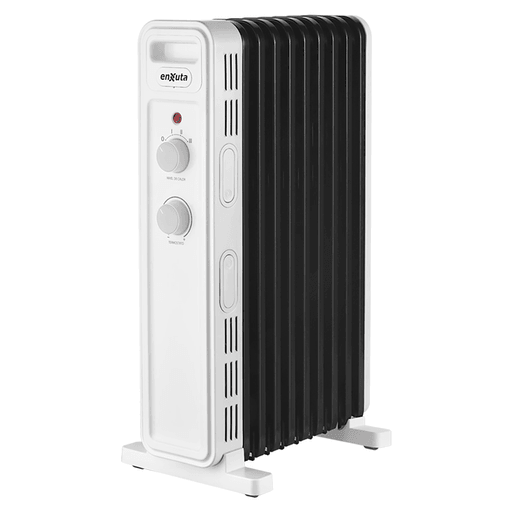 El radiador de aceite Enxuta ofrece una calefacción eficiente y segura con una potencia de 2000W y 9 elementos que distribuyen el calor de manera uniforme. Cuenta con 3 niveles de calor, termostato regulable e indicador luminoso para un control sencillo. Su diseño incorpora protección contra sobrecalentamiento y caídas, además de ruedas giratorias y guarda cable que facilitan su movilidad y almacenamiento, convirtiéndolo en una opción práctica y confiable para el invierno.