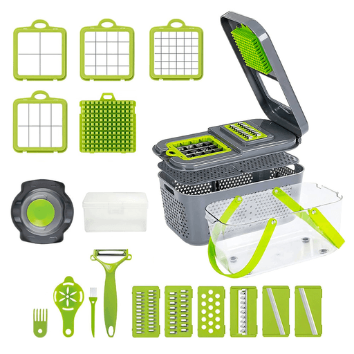 El Rallador Multifuncional de 22 Piezas es la herramienta perfecta para tu cocina. Con su diseño innovador y funcional, este rallador incluye varias cuchillas intercambiables para cortar en dados, triturar y rebanar alimentos de manera rápida y sencilla. Fabricado con acero inoxidable de grado 420 y plástico ABS de grado alimenticio, este rallador es seguro para usar en contacto con alimentos. Además, su diseño desmontable hace que sea fácil de limpiar y mantener en perfectas condiciones de higiene.