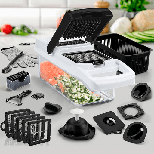 Este rallador multifuncional de 26 piezas es un utensilio de cocina imprescindible para aquellos que buscan practicidad y versatilidad en sus preparaciones culinarias. Fabricado con materiales de alta calidad como el plástico y acero inoxidable, este rallador es resistente y duradero.
Además, incluye una cesta de drenaje que permite un fácil acceso y almacenamiento de los ingredientes rallados. Este completo set incluye 13 cuchillas intercambiables y muchos accesorios con los que podrás preparar tus verduras de manera rápida y sencilla.