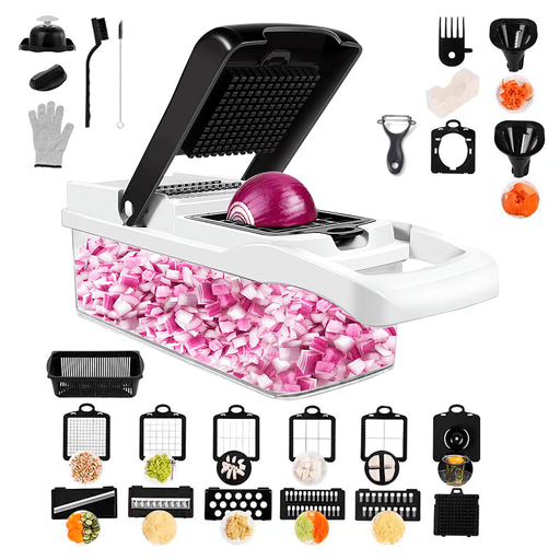 Este rallador multifuncional de 26 piezas es un utensilio de cocina imprescindible para aquellos que buscan practicidad y versatilidad en sus preparaciones culinarias. Fabricado con materiales de alta calidad como el plástico y acero inoxidable, este rallador es resistente y duradero.
Además, incluye una cesta de drenaje que permite un fácil acceso y almacenamiento de los ingredientes rallados. Este completo set incluye 13 cuchillas intercambiables y muchos accesorios con los que podrás preparar tus verduras de manera rápida y sencilla.