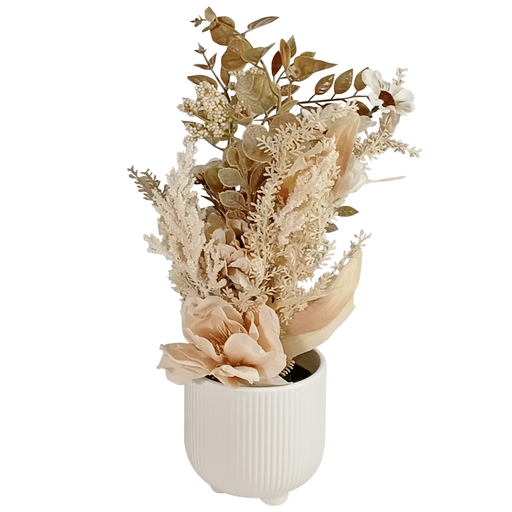 Este ramo artificial con maceta es una solución decorativa ideal para quienes buscan elegancia y practicidad. Su diseño cuidadosamente equilibrado aporta calidez y estilo a cualquier ambiente interior, sin necesidad de mantenimiento. La base acanalada de acabado mate realza la composición floral, convirtiéndola en un centro de atención sutil pero sofisticado. Perfecto para hogares, oficinas o espacios comerciales, este arreglo ofrece una alternativa duradera y versátil para realzar rincones con personalidad y armonía visual.