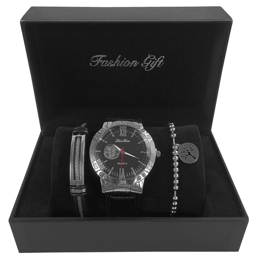 Descubrí la elegancia y el estilo con este exclusivo Combo de Reloj Analógico, que incluye una sofisticada caja de presentación ideal para regalar. El reloj, de diseño moderno y refinado, combina una estructura de acero de alta calidad con una correa de cuero PU suave al tacto y resistente, asegurada con un cierre tipo hebilla clásico. Su movimiento de cuarzo garantiza precisión y confiabilidad, mientras que su resistencia al agua lo hace perfecto para el uso diario. Completan el conjunto una pulsera de acero pulido y un brazalete que mezcla cuero y acero, aportando un toque distintivo y masculino que realza cualquier look. Este set es la combinación perfecta entre funcionalidad y distinción.
