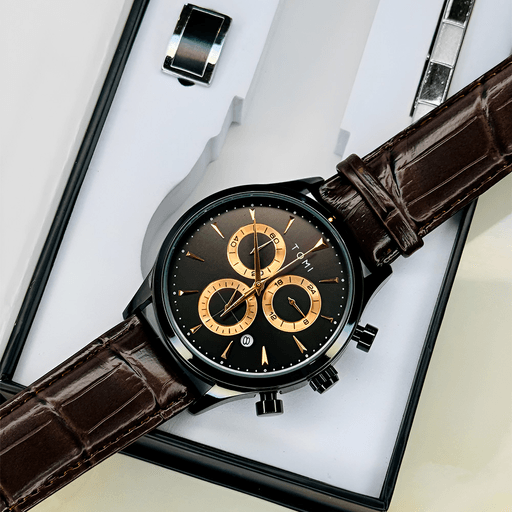 Este reloj destaca por su diseño elegante y funcional, ideal para acompañar cualquier ocasión. Cuenta con una caja de acero inoxidable de 4,2 x 1,1cm y una correa de cuero de 25,5 x 2,2cm, que brindan comodidad y resistencia al uso diario. Además, es resistente al agua, ofreciendo mayor durabilidad. Incluye gemelos para camisa y un clip para corbata, permitiendo complementar el estilo personal con detalles de distinción. Su presentación en estuche lo convierte en una excelente opción para obsequiar.