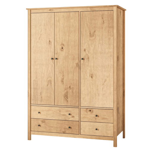 El ropero Mari combina un diseño elegante y atemporal con la resistencia de la madera maciza de pino, ofreciendo una solución práctica y duradera para mantener cualquier ambiente organizado. Dispone de 3 puertas y 4 cajones, que brindan un amplio espacio de almacenamiento para guardar todo de forma ordenada. Su acabado barnizado de alta resistencia a los rayones ayuda a conservar su aspecto por más tiempo, mientras que las correderas de madera, las bisagras metálicas, el fondo de MDF y su sólida estructura garantizan un funcionamiento confiable y una gran durabilidad. Además, es fácil de armar y su estilo versátil se integra perfectamente en distintos espacios del hogar.