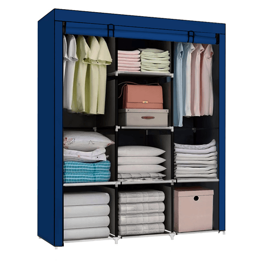 Práctico ropero de tela plegable con tres divisiones posee dos amplios espacios con perchero y 8 estantes. Cada división cuenta con cortina enrollable y se abre y cierra con cierres. Está diseñado en tela transpirable de excelente calidad y muy fácil de limpiar. Además, es fácil de armar. Una opción útil y práctica para mantener tu ropa organizada.