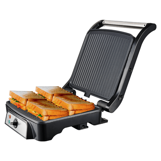 Esta sandwichera y grill NAPPO de 2000W es la elección perfecta para preparar una amplia variedad de comidas en cualquier momento del día. Podrás disfrutar de deliciosos desayunos, almuerzos, meriendas y cenas en pocos minutos. Cuenta con apertura de 180º que permite la cocción por ambos lados y bisagra flotante que se adapta a diferentes tamaños de alimentos, garantizando una cocción uniforme en todo momento. Además, tiene revestimiento antiadherente, bandeja de goteo extraíble, luz indicadora, control de temperatura, pies antideslizantes y mango Cool-Touch que garantiza seguridad al tacto. 
